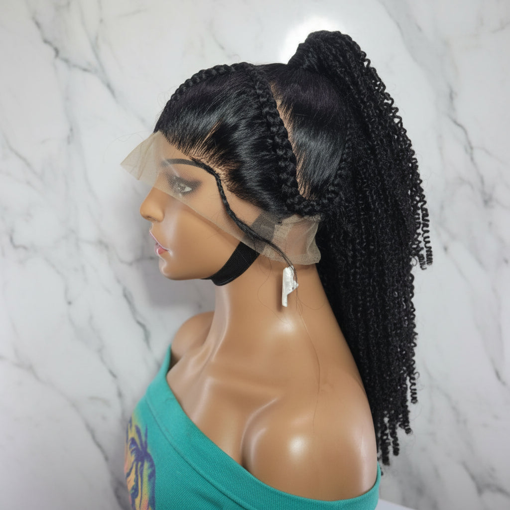 Braided Wig: Two Braids Transitioning to Spring Curls, Full Lace. Double Cornrow braids