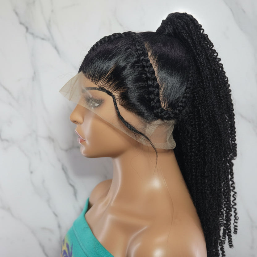 Braided Wig: Two Braids Transitioning to Spring Curls, Full Lace Cap
