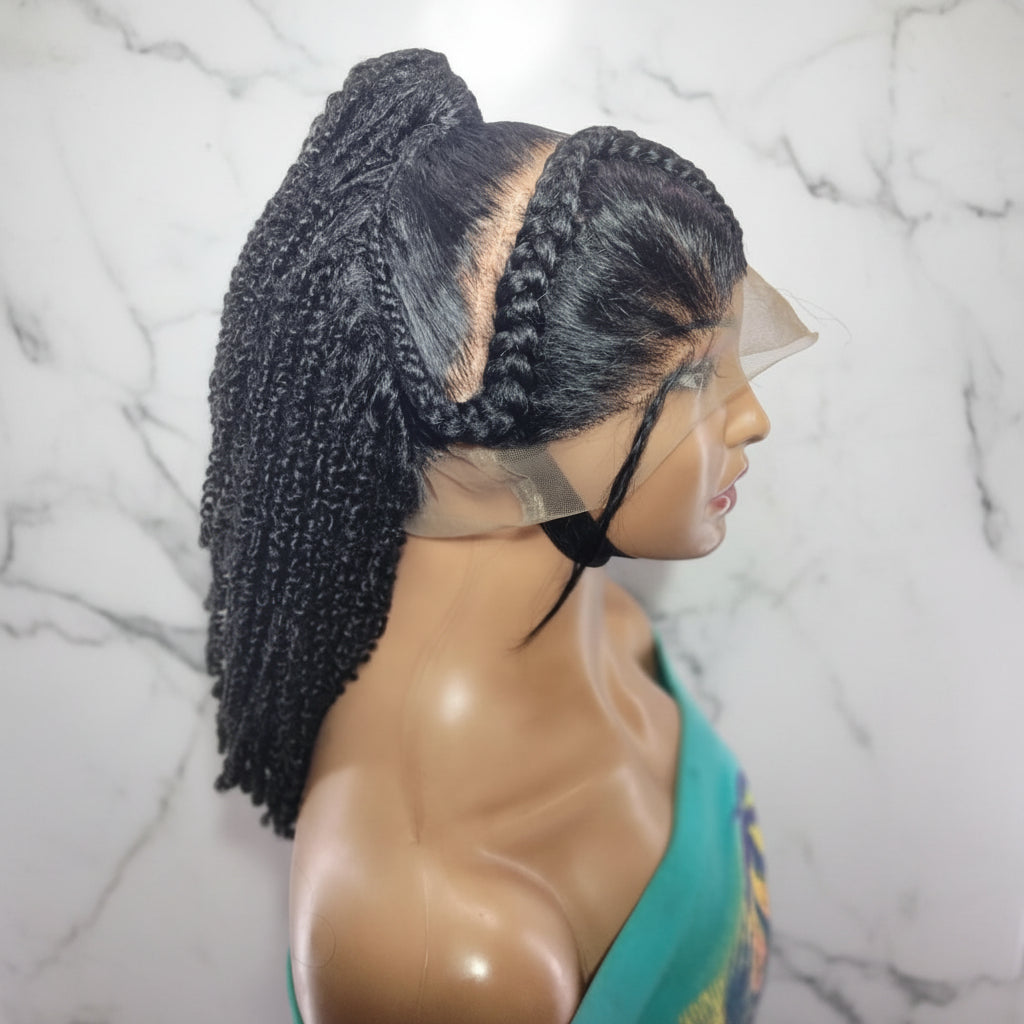 Braided Wig: Two Braids Transitioning to Spring Curls, Full Lace. Double Cornrow braids