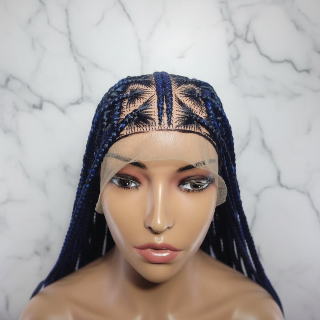 Braided Wig Full Lace Baby Hair. Blue & Black Braids. 32 inches
