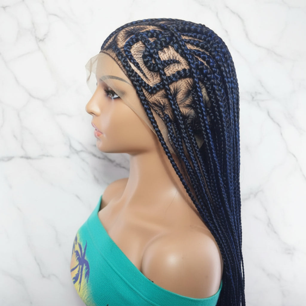 Braided Wig Full Lace Baby Hair. Blue & Black Braids. 32 inches