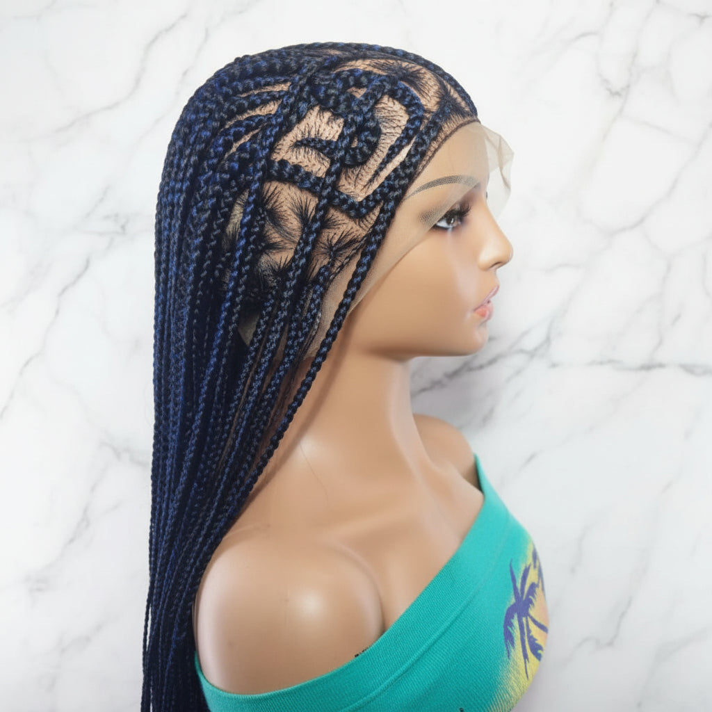 Braided Wig Full Lace Baby Hair. Blue & Black Braids. 32 inches