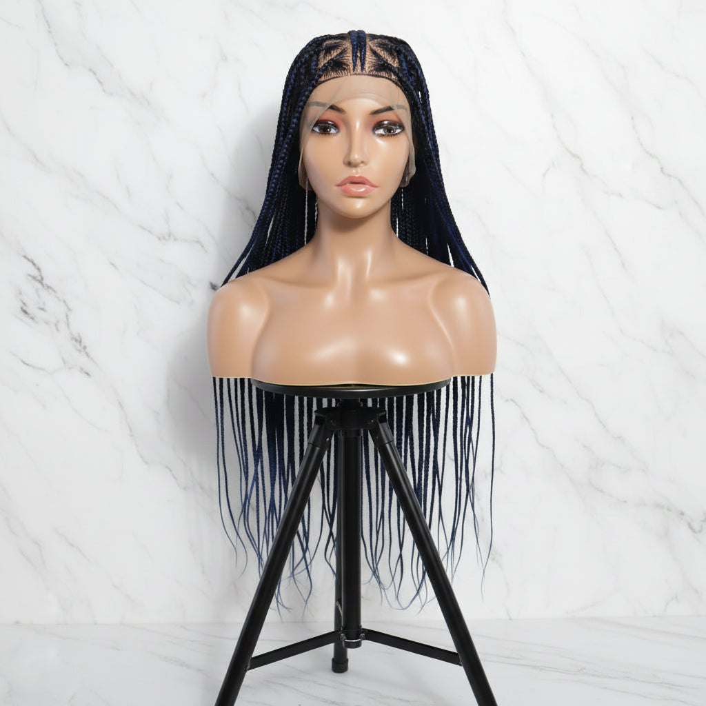 Braided Wig Full Lace Baby Hair. Blue & Black Braids. 32 inches