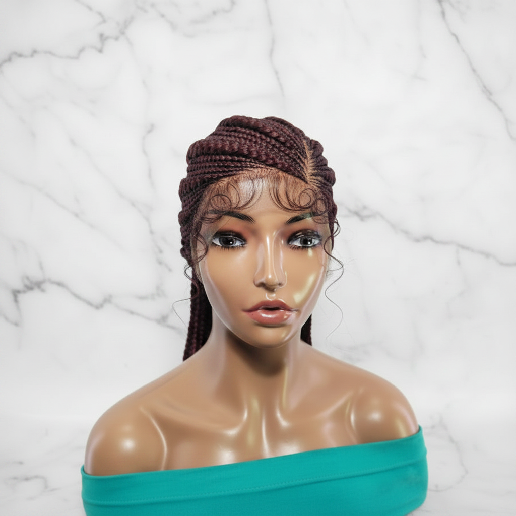 Large Ghana Braids Wig. Cornrow Braided Wig with Baby Hair, Reddish Brown, 30inches