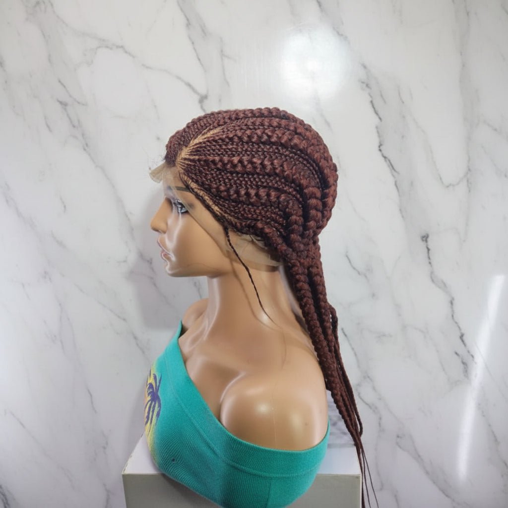 Large Ghana Braids Wig. Cornrow Braided Wig with Baby Hair, Reddish Brown, 30inches