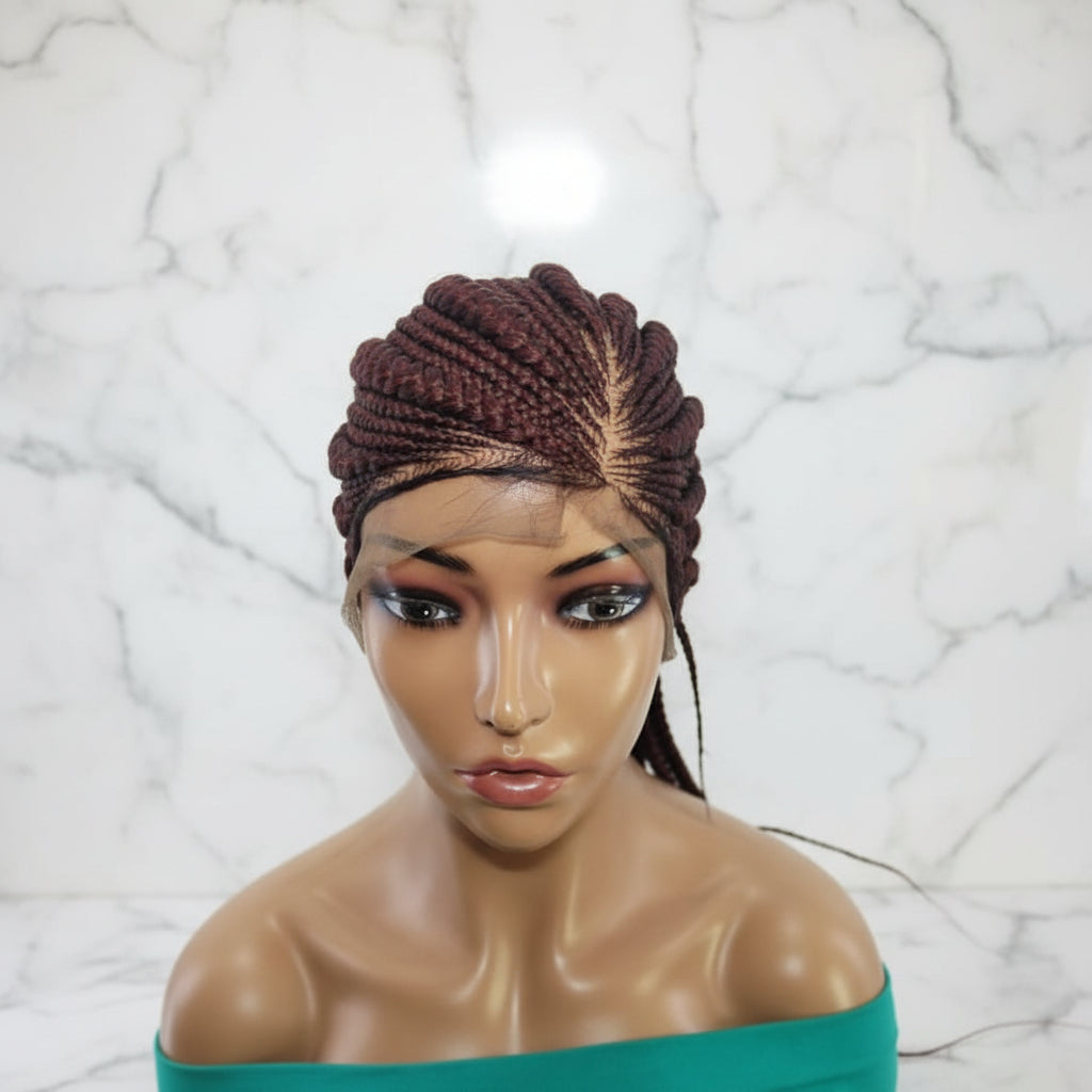 Large Ghana Braids Wig. Cornrow Braided Wig with Baby Hair, Reddish Brown, 30inches