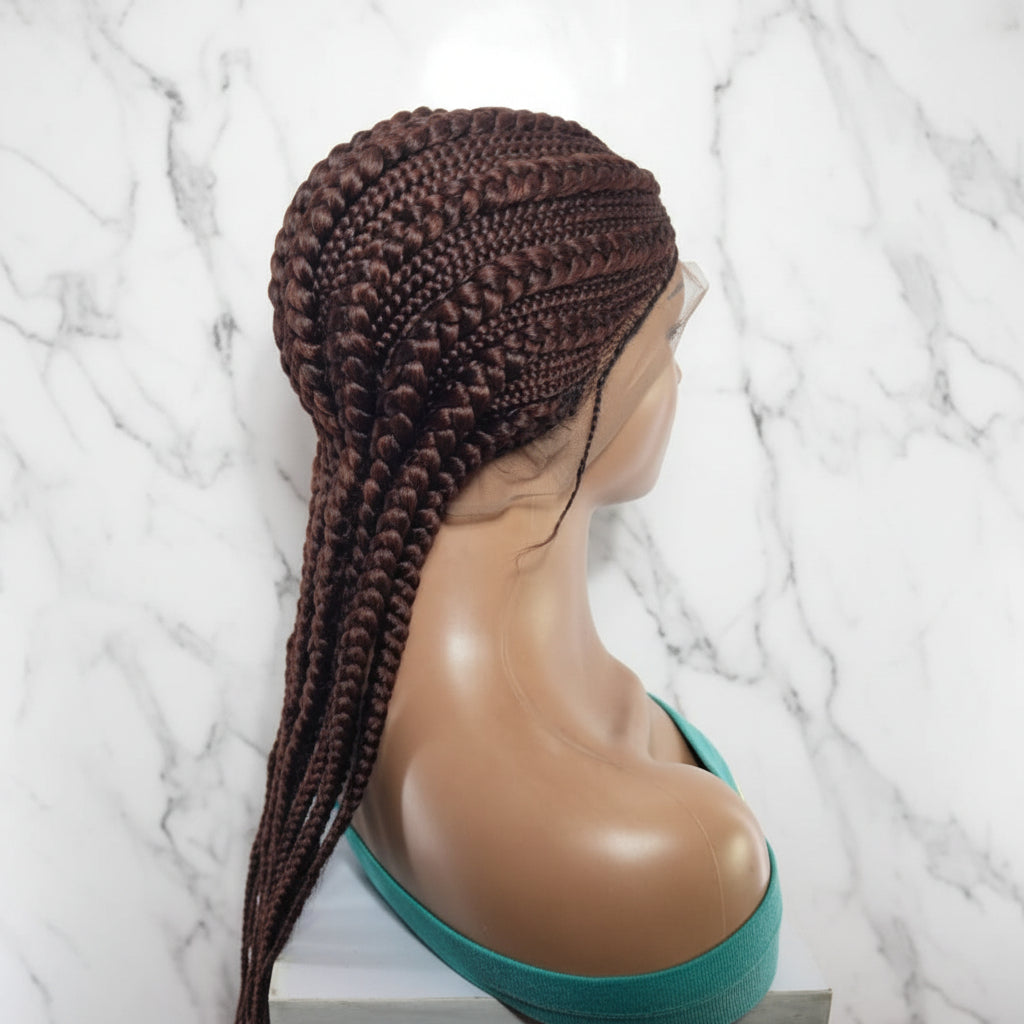 Large Ghana Braids Wig. Cornrow Braided Wig with Baby Hair, Reddish Brown, 30inches