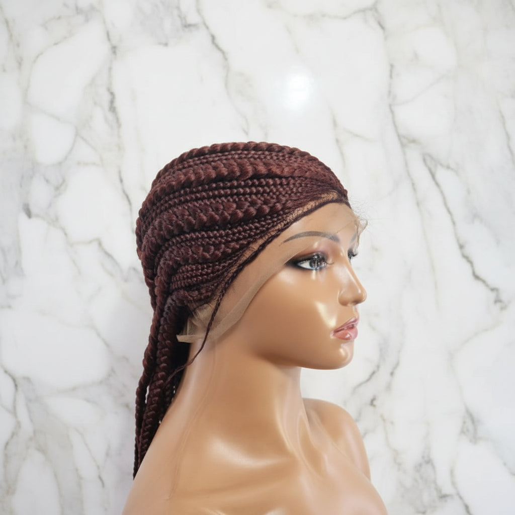 Large Ghana Braids Wig. Cornrow Braided Wig with Baby Hair, Reddish Brown, 30inches