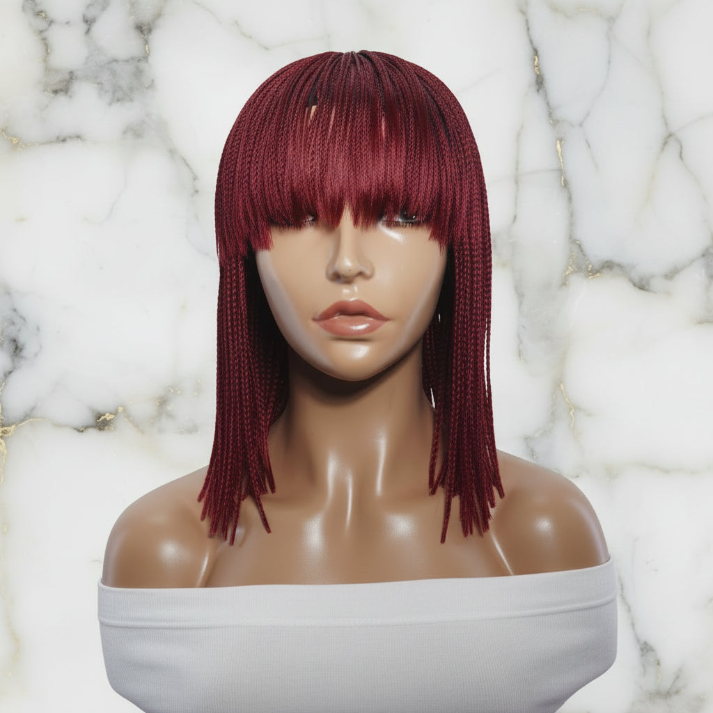 Blunt Bangs Bone Straight Micro Knotless Twist Braids. Braided Wig.