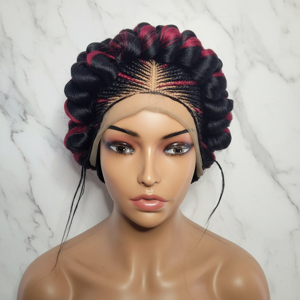 Braided Wig. Jumbo Twist Braids Puff Knots. Full Lace with Baby Hair. Bun Braid