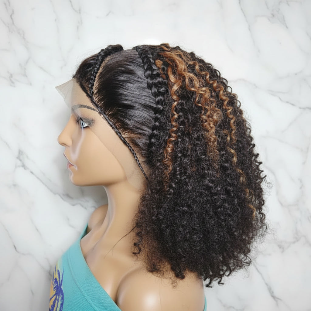 Braided Wig: Two Braids Transitioning to Spring Curls, Full Lace. Double Cornrow braids