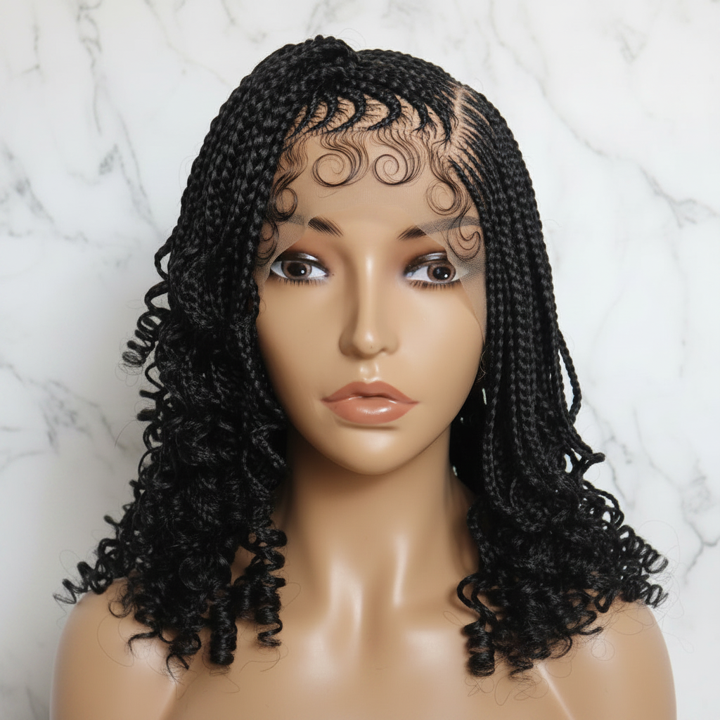 Braided Wig. Cornrow Braids with Curly Back. Full Lace Baby Hair.