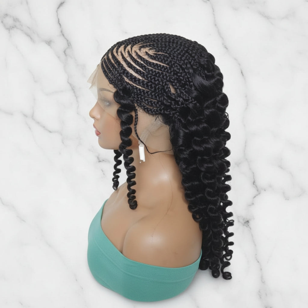 Braided Wig. Cornrow Braids with Curly Back. Full Lace Baby Hair.