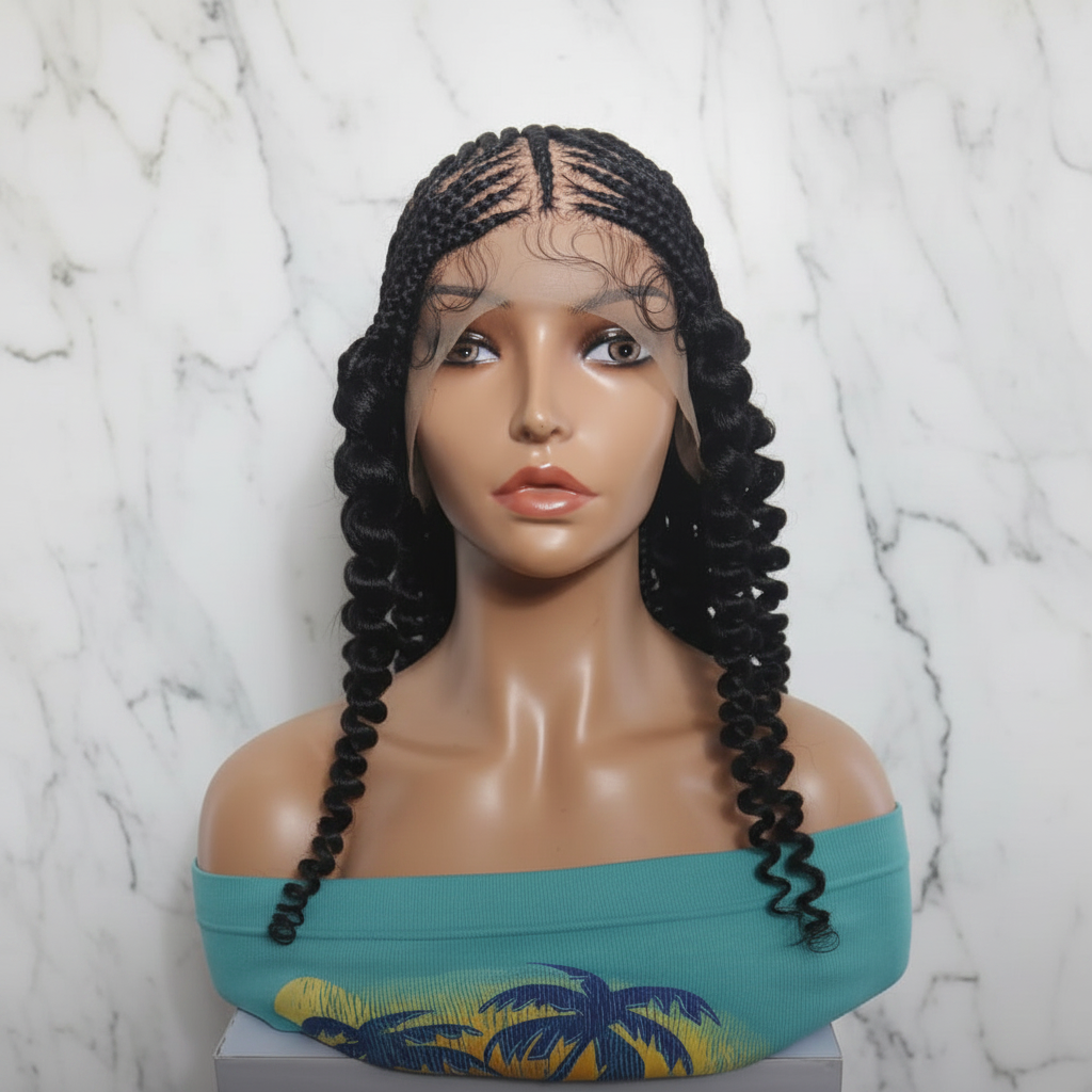 Braided Wig. Cornrow Braids with Curly Back. Full Lace Baby Hair.
