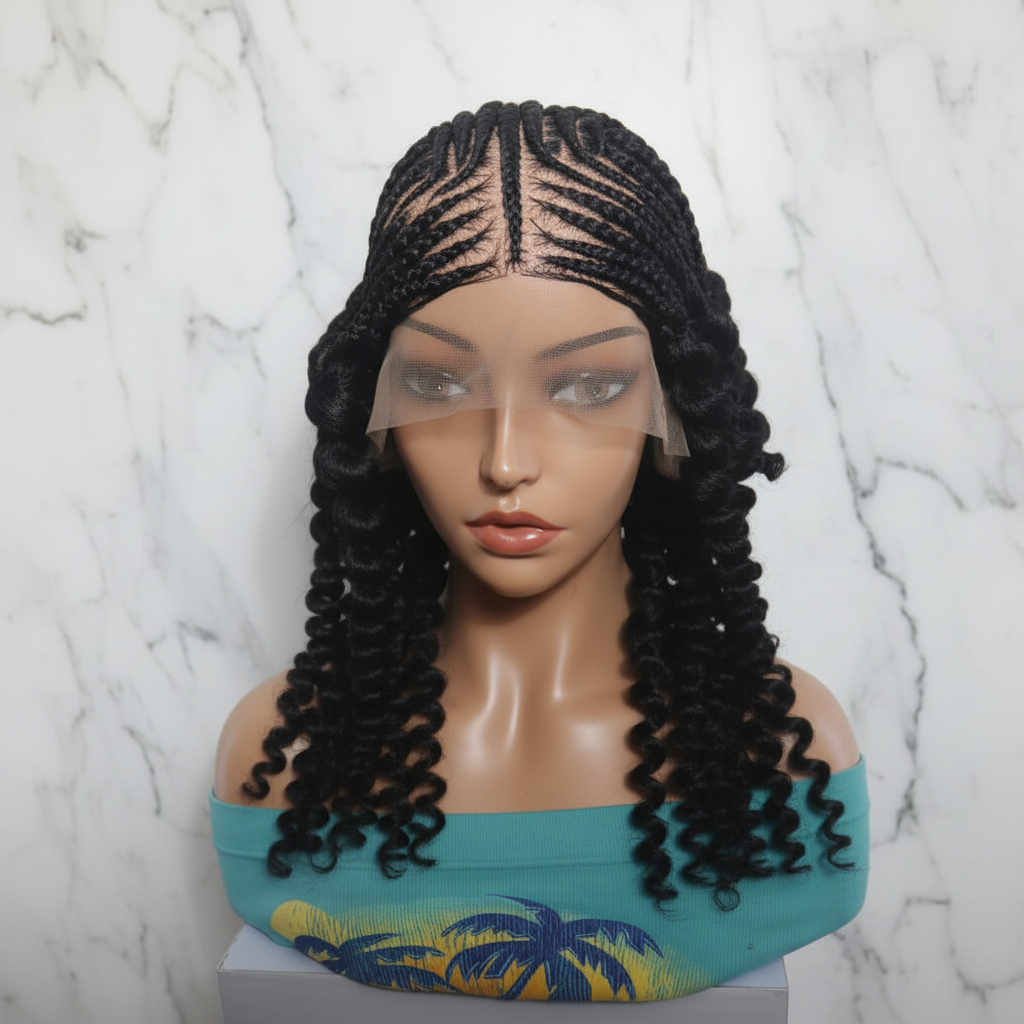 Braided Wig. Cornrow Braids with Curly Back. Full Lace Baby Hair.