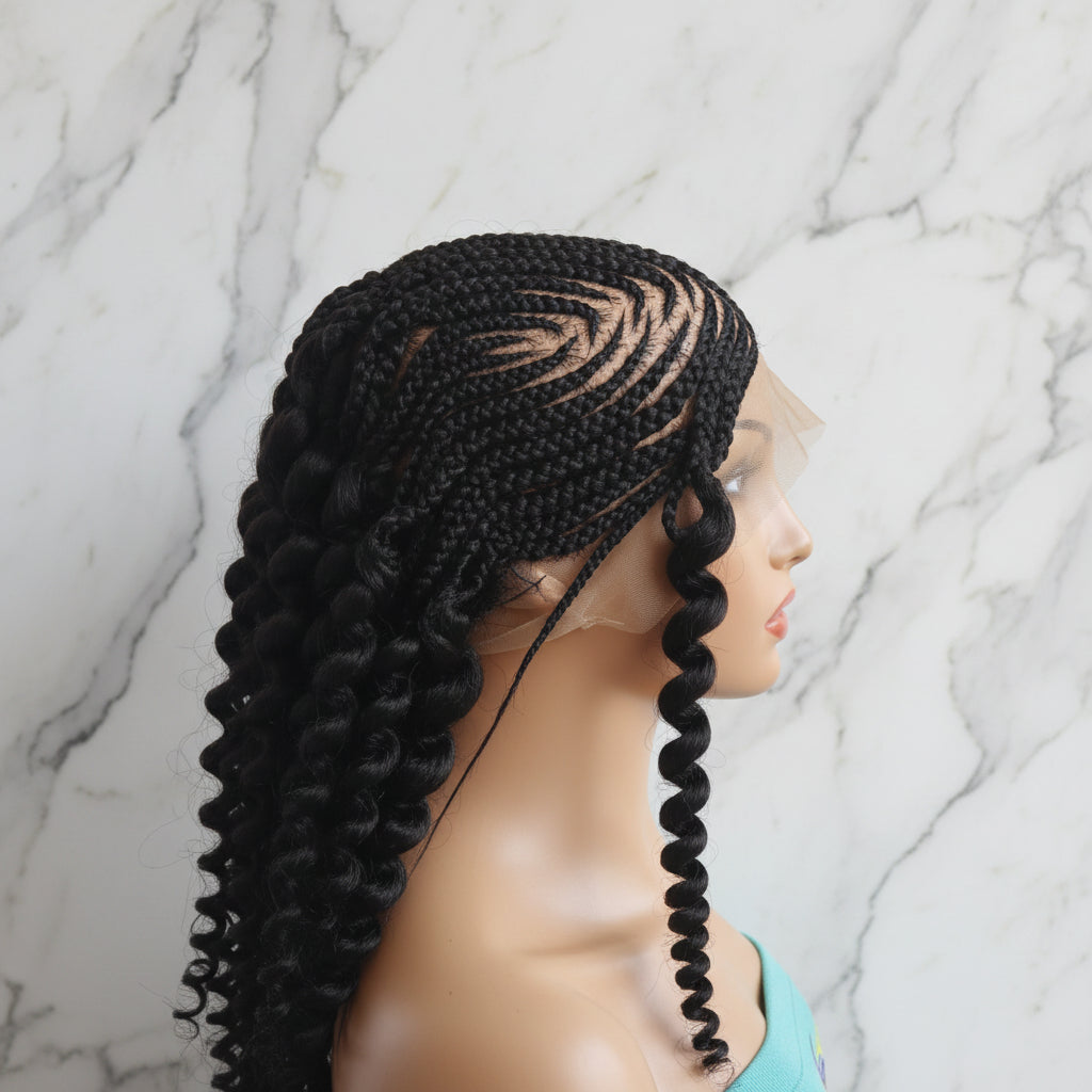 Braided Wig. Cornrow Braids with Curly Back. Full Lace Baby Hair.