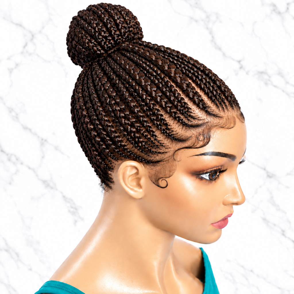 dark brown cornrow braided wig styled in a high top bun, with a small black bow at the top and a long black tail hanging down the side.