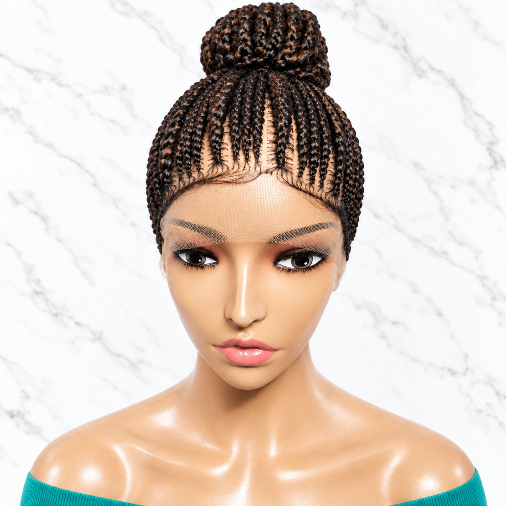 A dark brown braided wig styled in a high bun