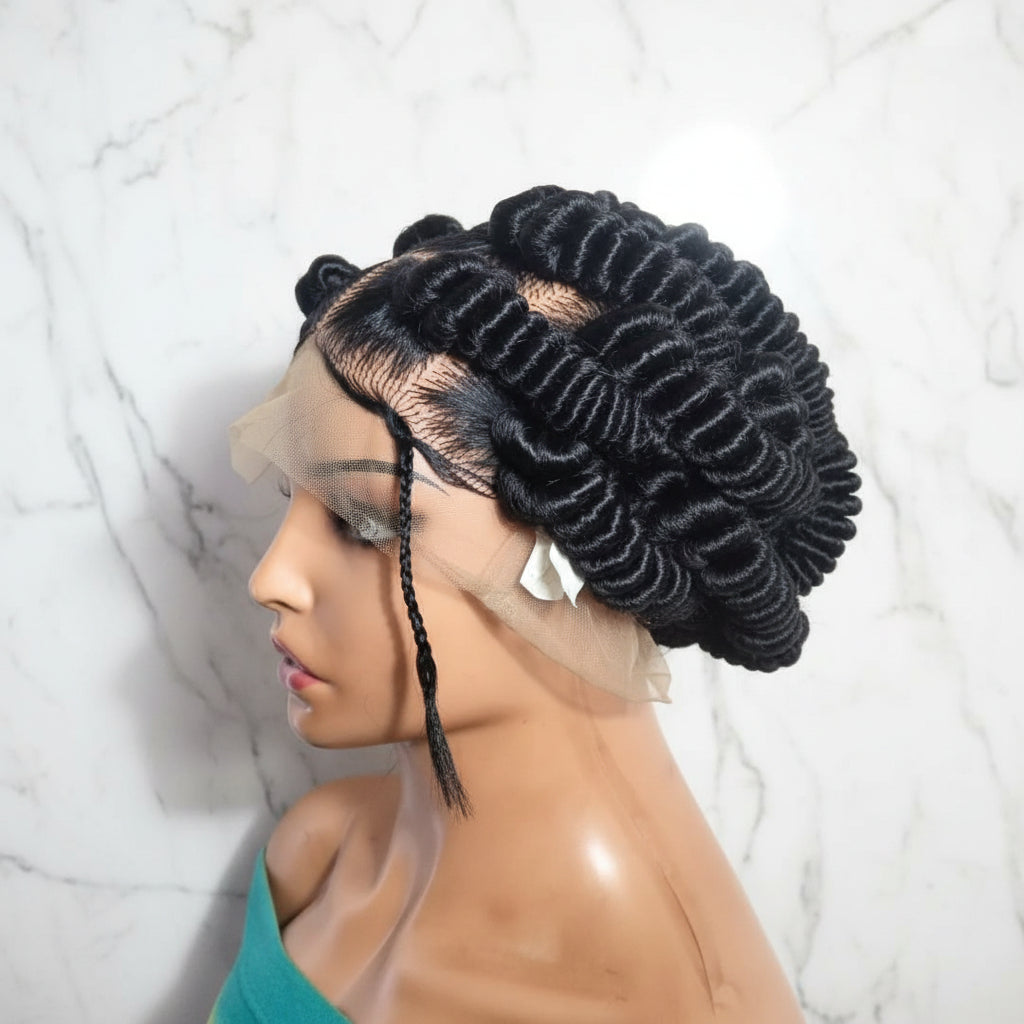 side view of black braided wig with a sheer lace front 