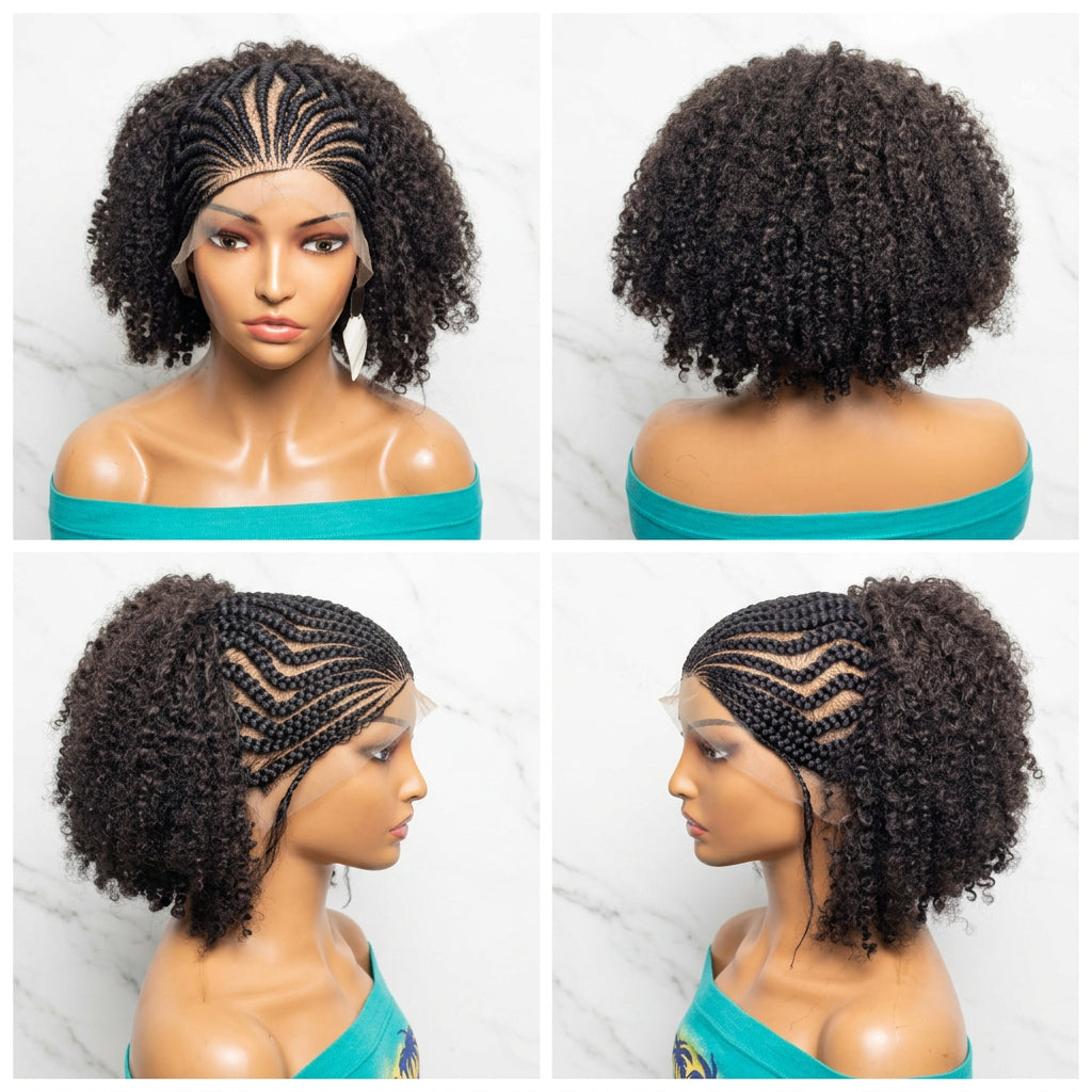 a short curly wig. The wig features dark brown to black curly hair with braided cornrow detailing across the top and sides.