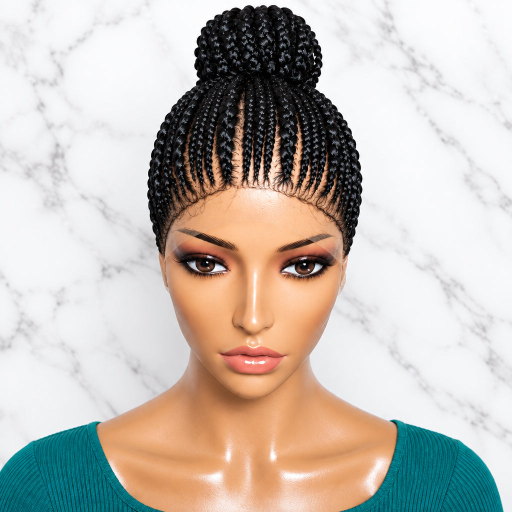 A black braided wig styled in a high top bun