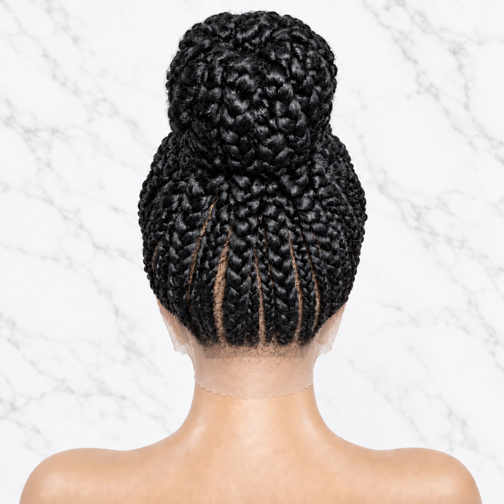 Black braided synthetic hair wig styled into a high bun 