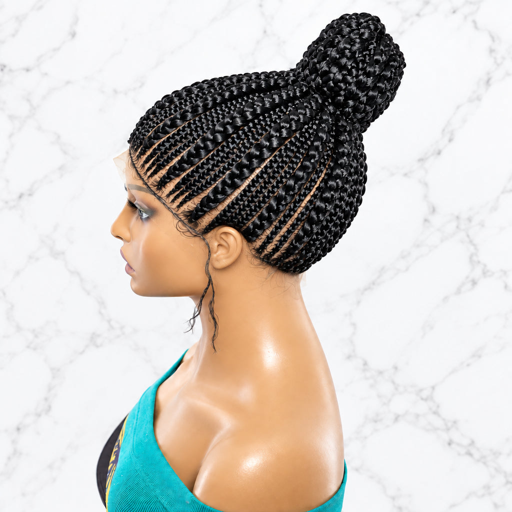 A black beanie hat  braided wig with a high bun