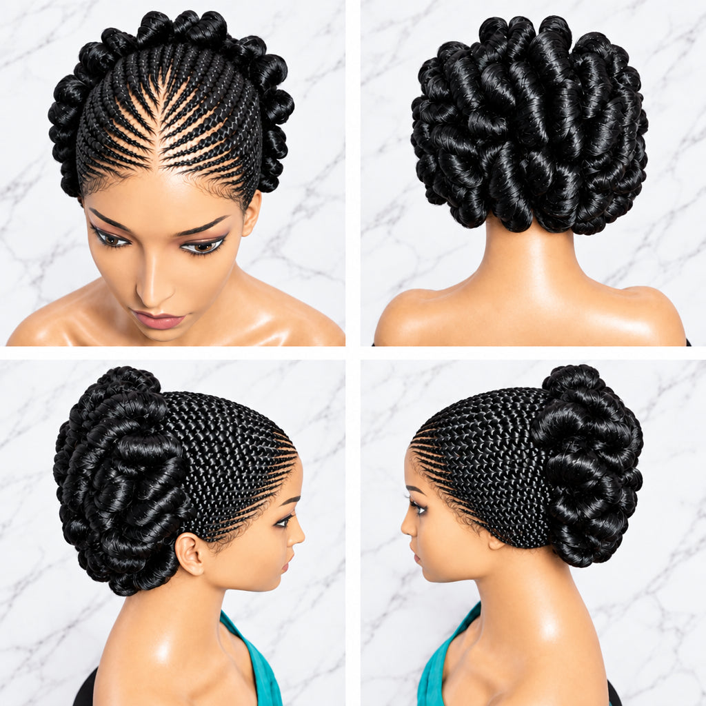 black braided wig styled in a large twisted bun