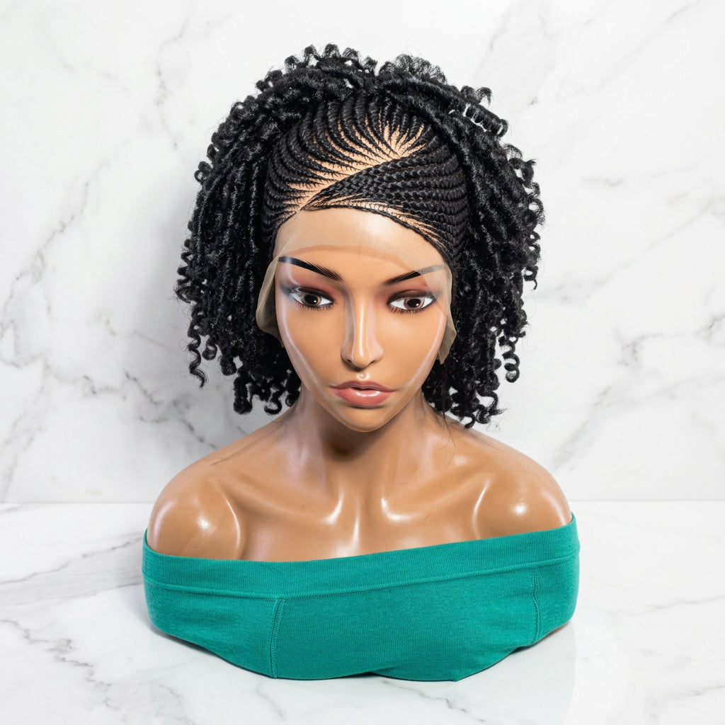 a black curly wig. The wig features intricate braided cornrow detailing along the crown and sides, with tight curls framing the face.