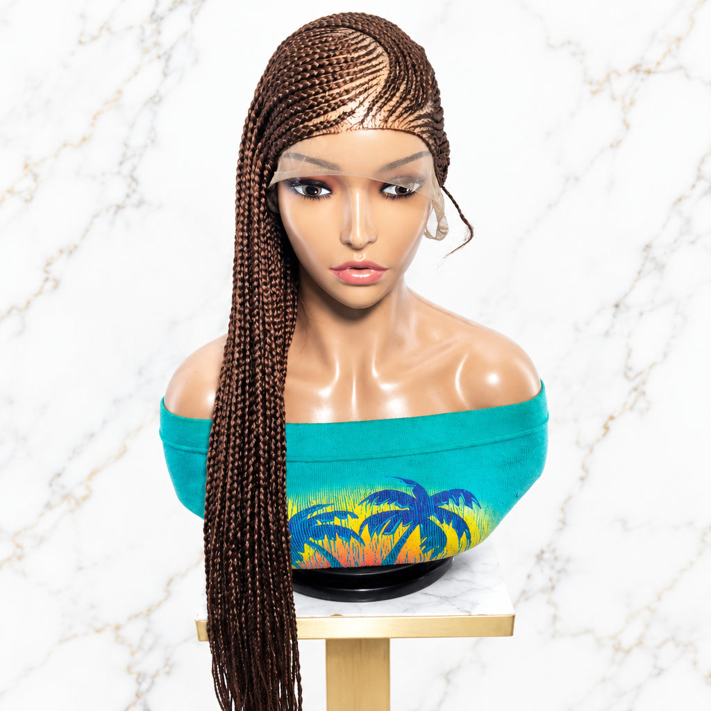 Long brown braided wig. The wig features a full lace front and intricate design with individual box braids at the back.