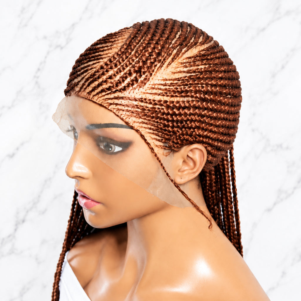 A brown braided wig . Long side cornrow braids