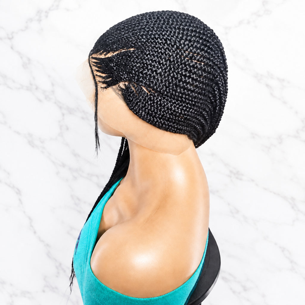 Black braided wig with full lace cap. Side braids