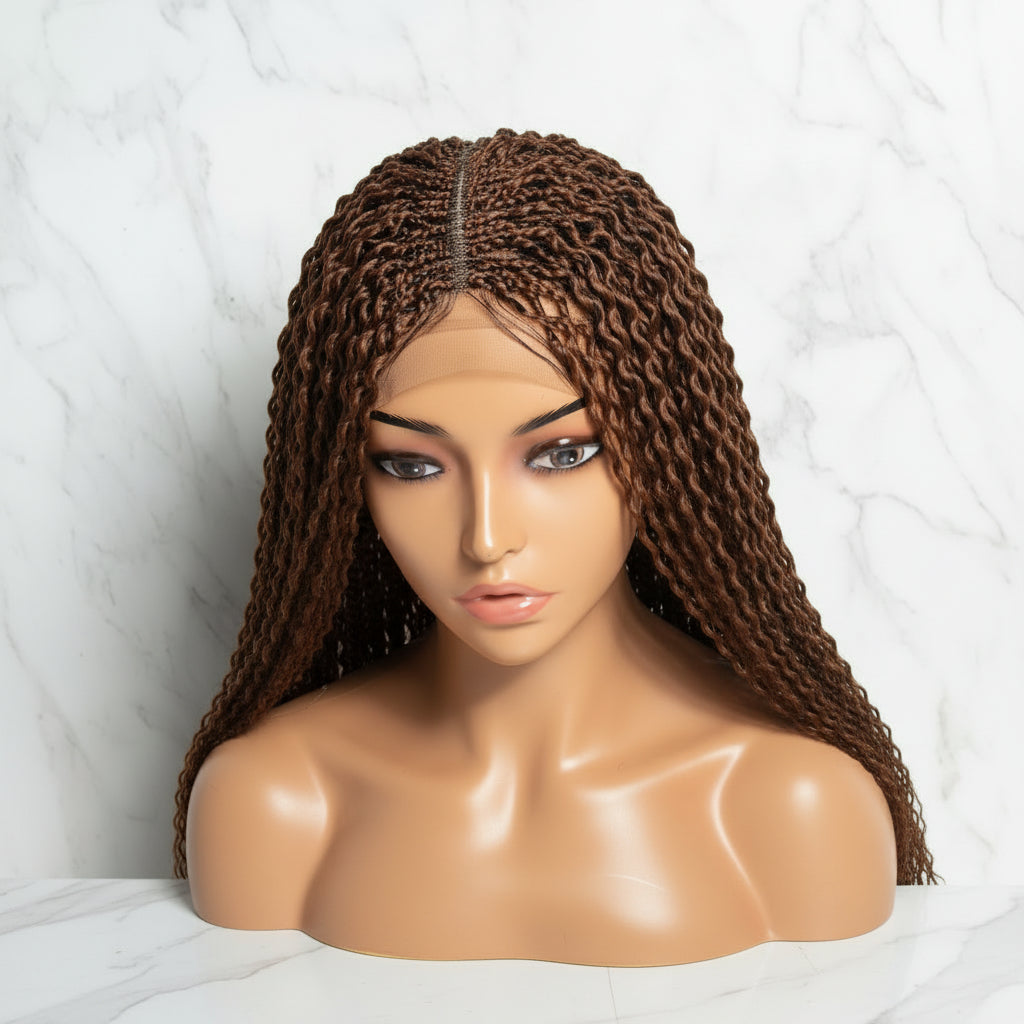  long, curly wig with dark brown and warm blonde highlights 
