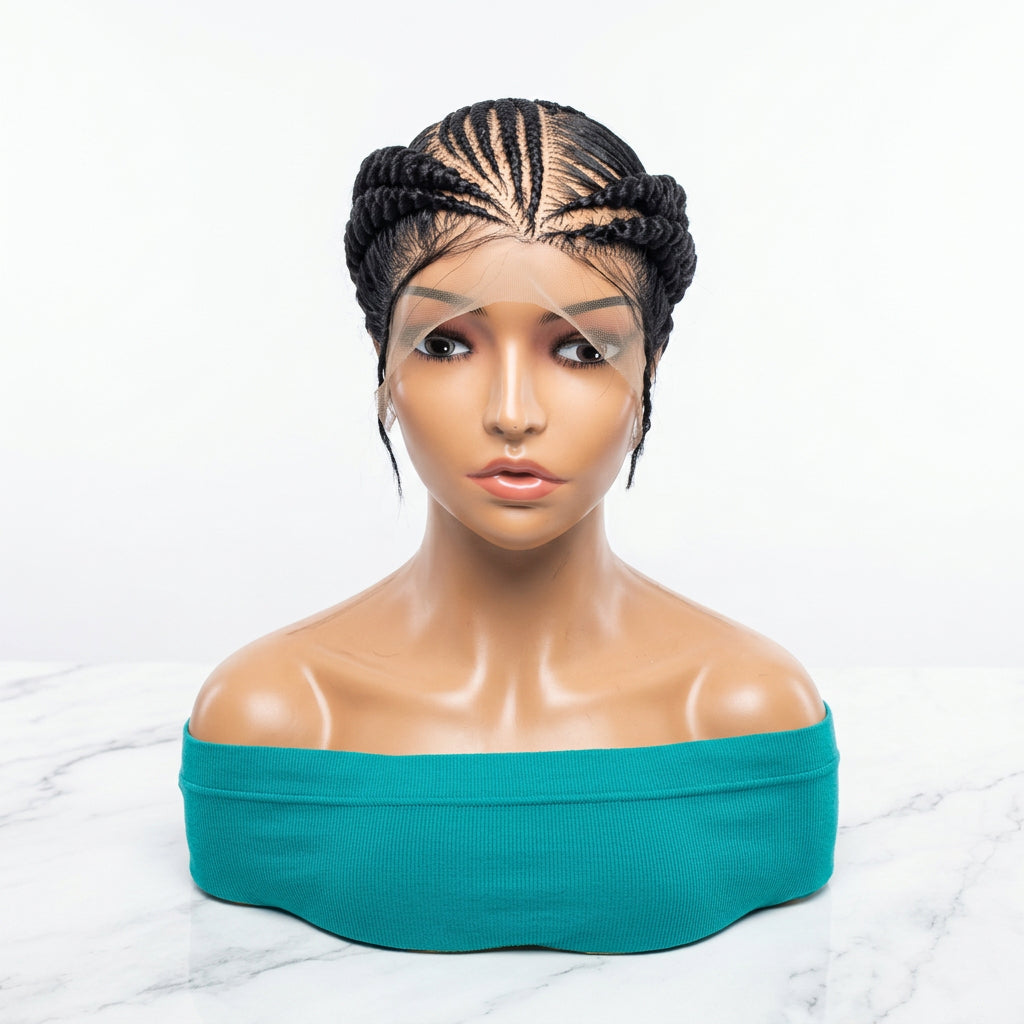 A black full lace cap wig with cornrow braids 