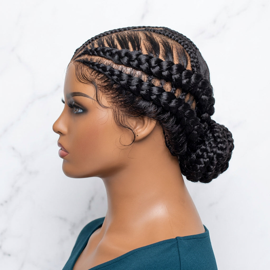 Black synthetic cornrow wigs with  double-row braided cornrows with a low bun