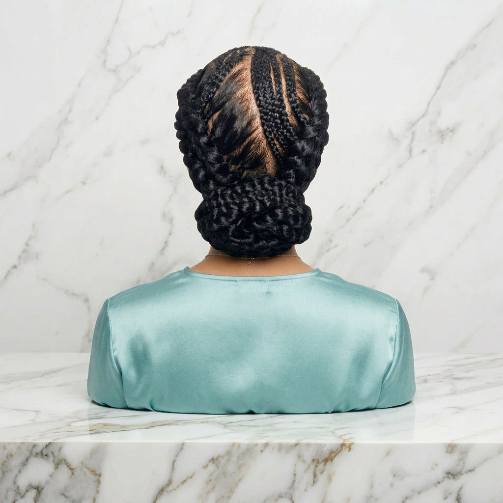 Black braided hair wig showing a detailed cornrow and braid pattern 