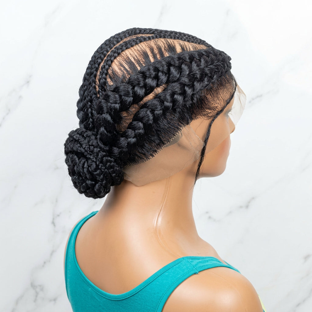 Black braided wig in a low bun 
