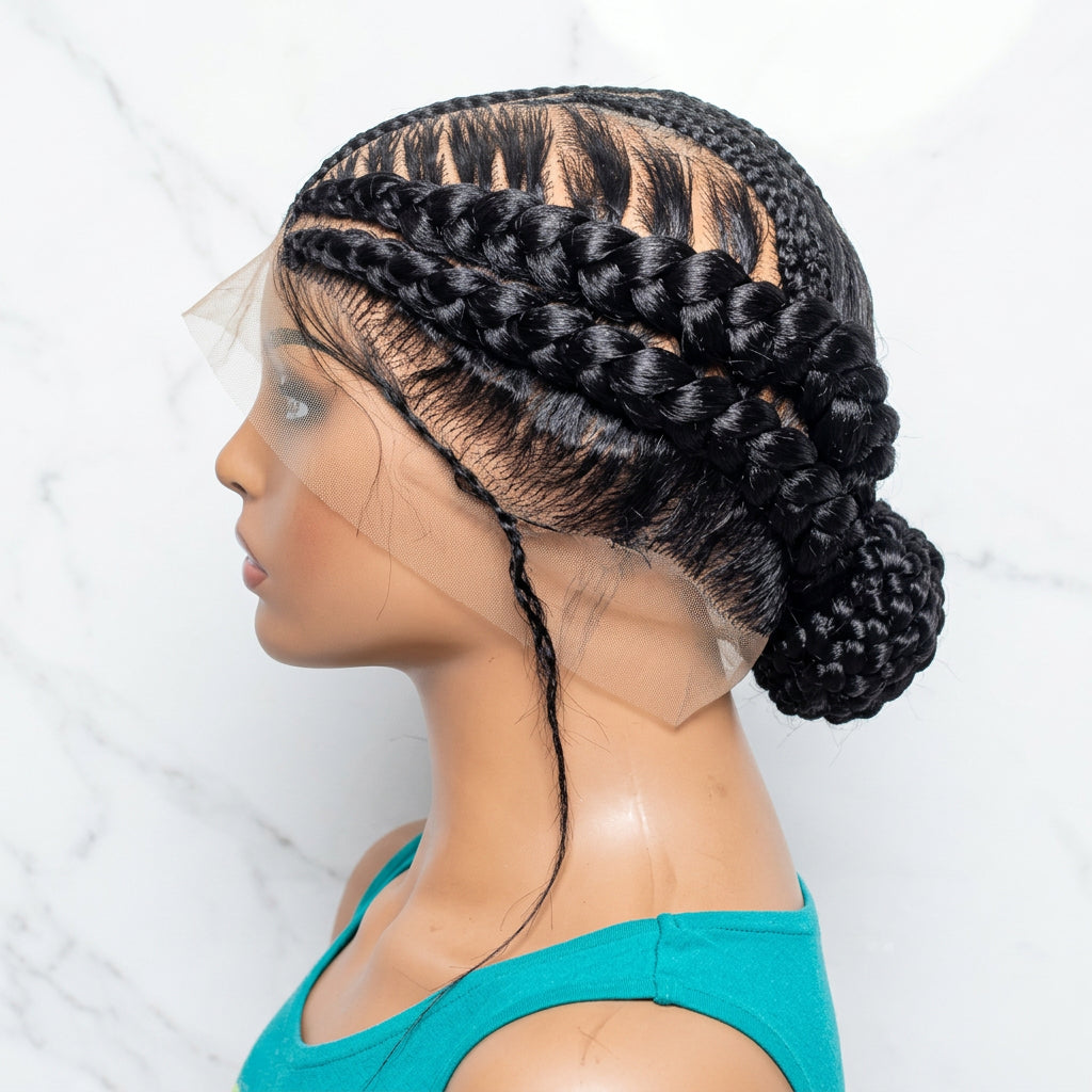 Black synthetic cornrow wig styled in a double-row braided low bun. brush large double braids