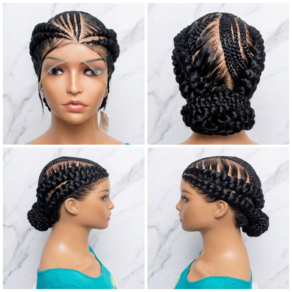black full lace wig styled in cornrow braids, with a low bun