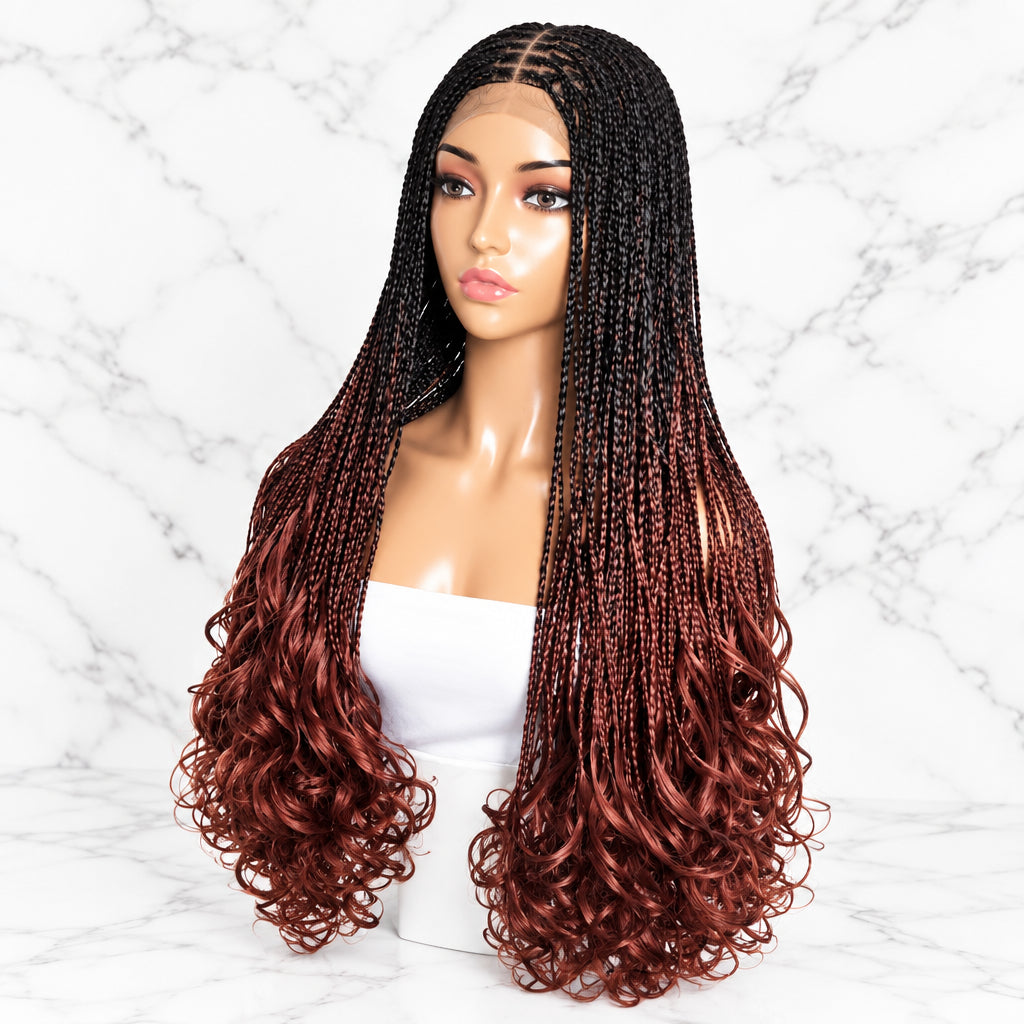 color 350 and color black blend ombre knotless braids with curly ends. ayya hair