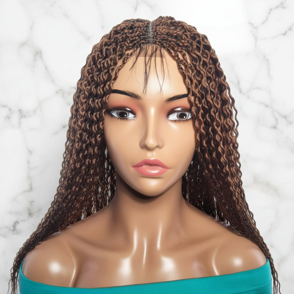 curly wig with dark brown and lighter brown highlights
