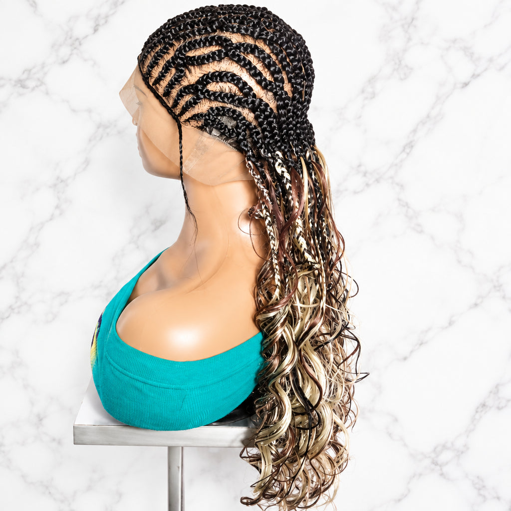 A long synthetic braided wig with cornrow-style top sections and loose curly ends