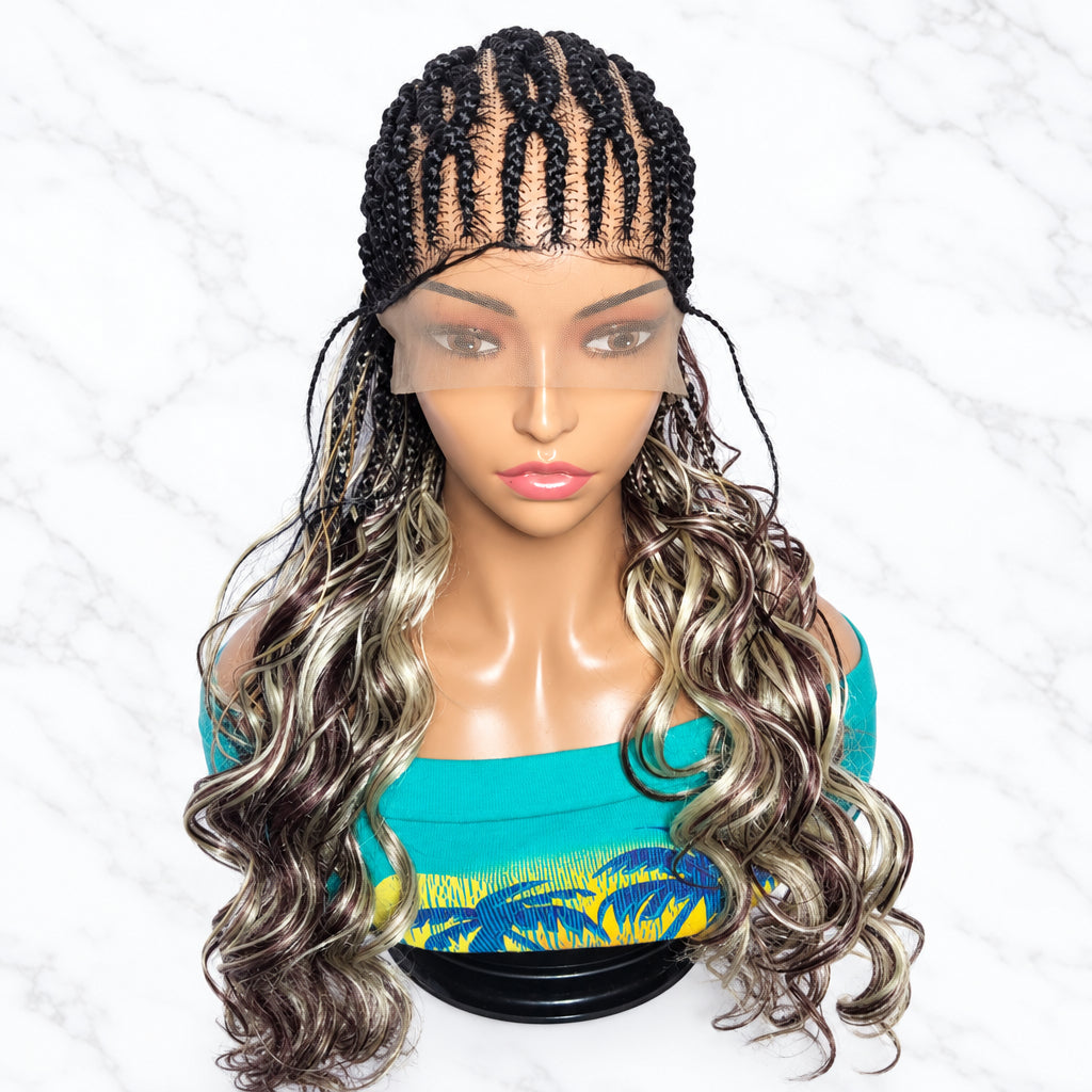 A long wavy wig with dark roots and blonde-highlighted sections