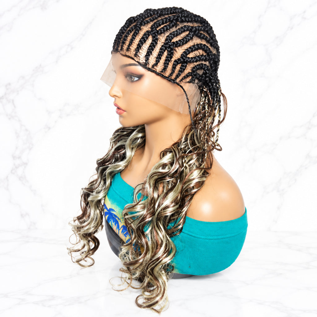 A long wavy wig with dark brown roots and silver-gray highlights
