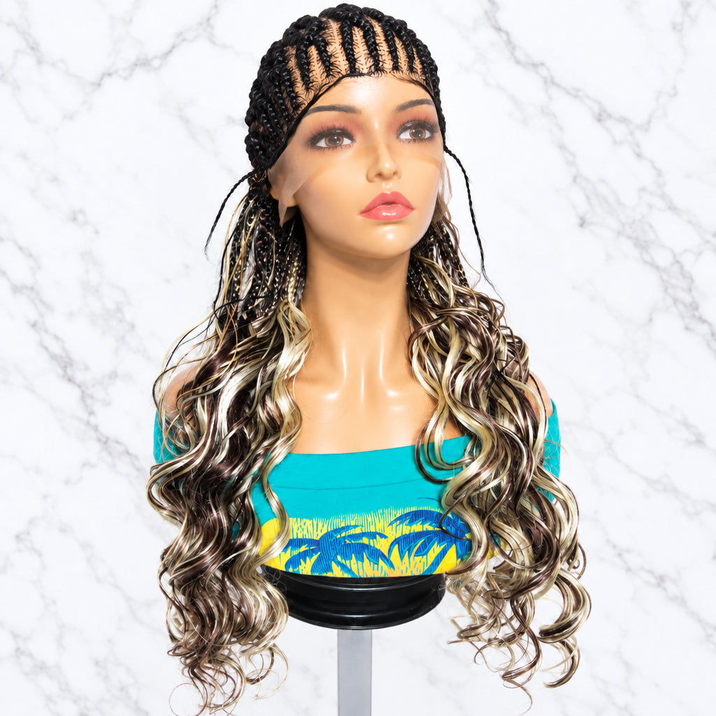 A long wavy wig with dark brown and silver-gray highlights