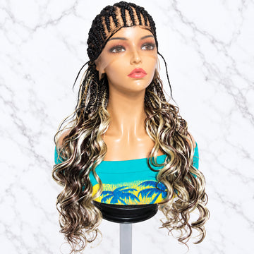 A long wavy wig with dark brown and silver-gray highlights