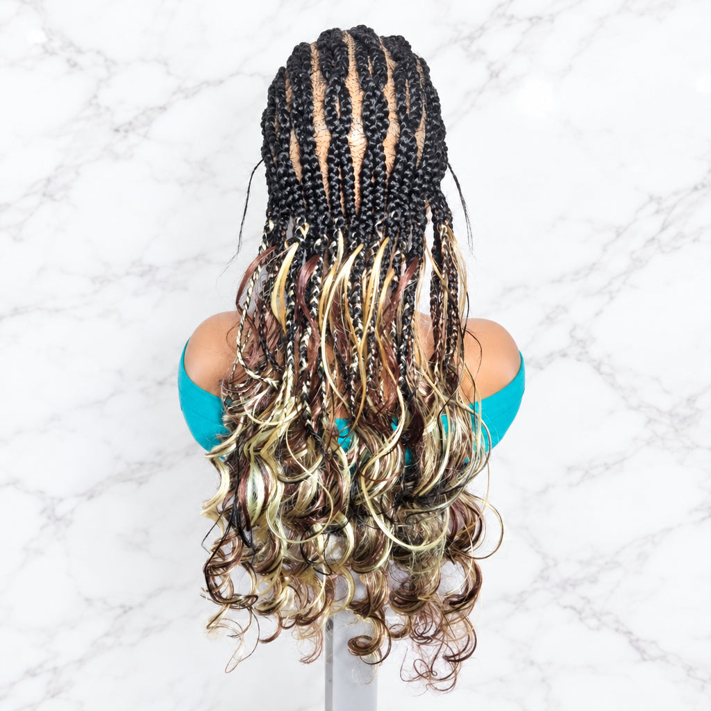 Long braided hair extensions featuring a black and blonde ombré design with curly ends.