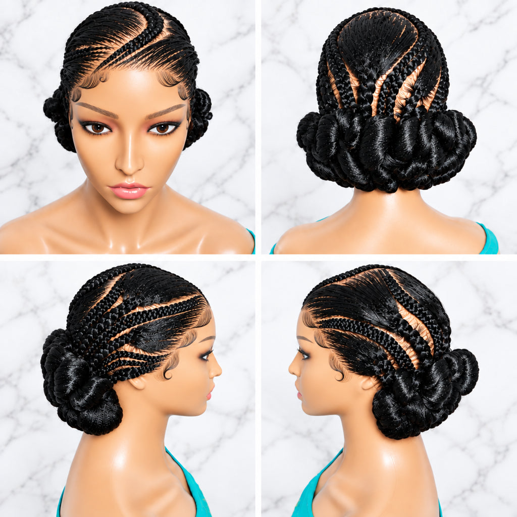  a black braided wig styled with tight braids and a voluminous curled bun.