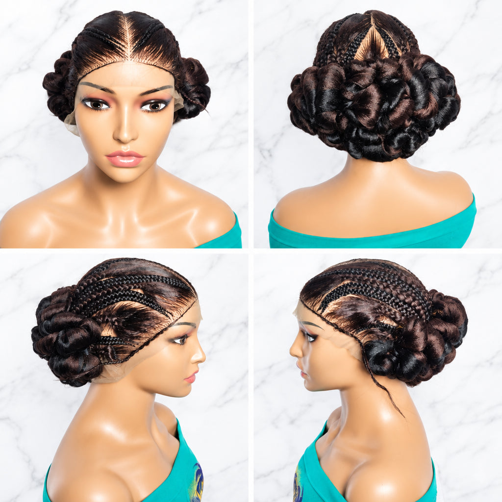 a dark brown to black braided wig styled in an intricate updo