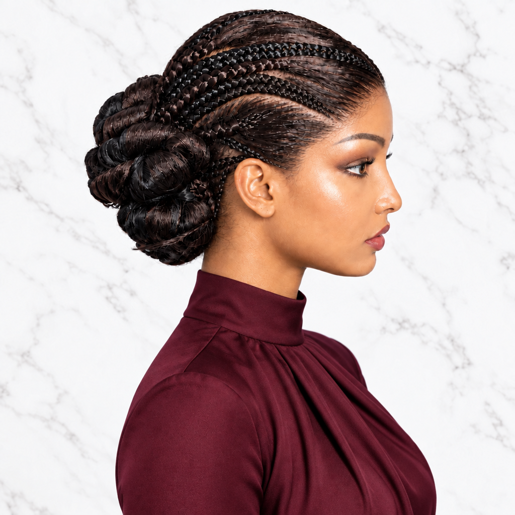 a dark brown braided updo hairstyle with a high bun